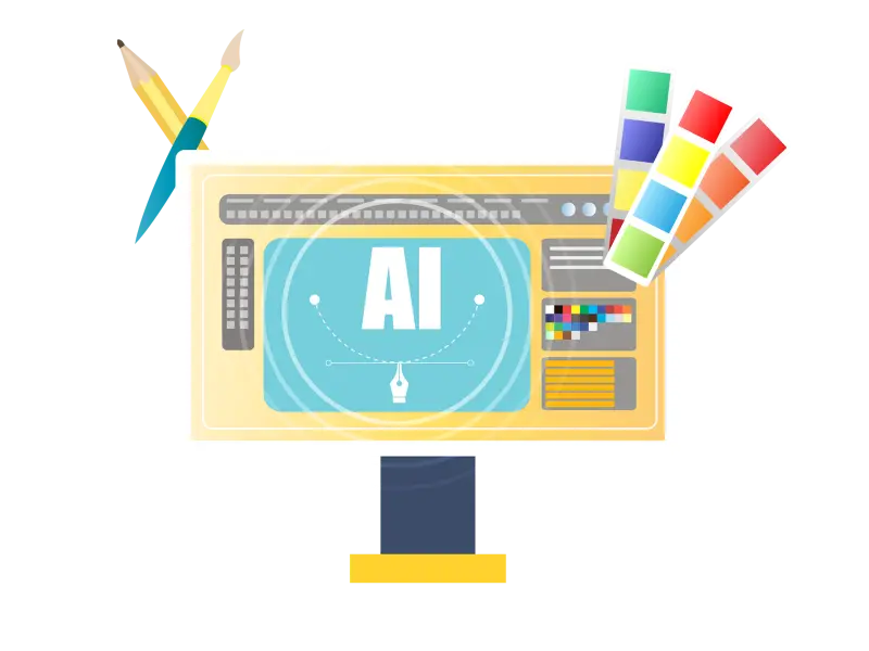 Leistungen - Design / Artwork – Illustration eines Computerbildschirms mit Farbfächern und Pinseln der ein Design Programm zeigt