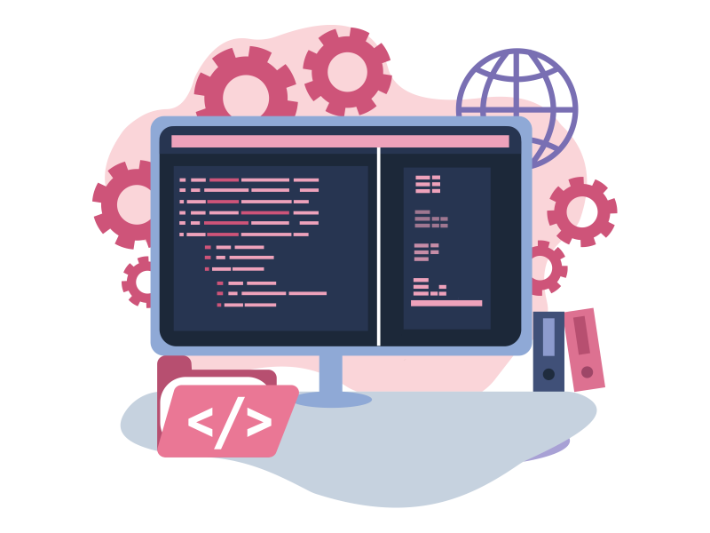 Leistungen - Webseiten – Illustration eines Computerbildschirms auf dem abstrakt Code dargestellt wird